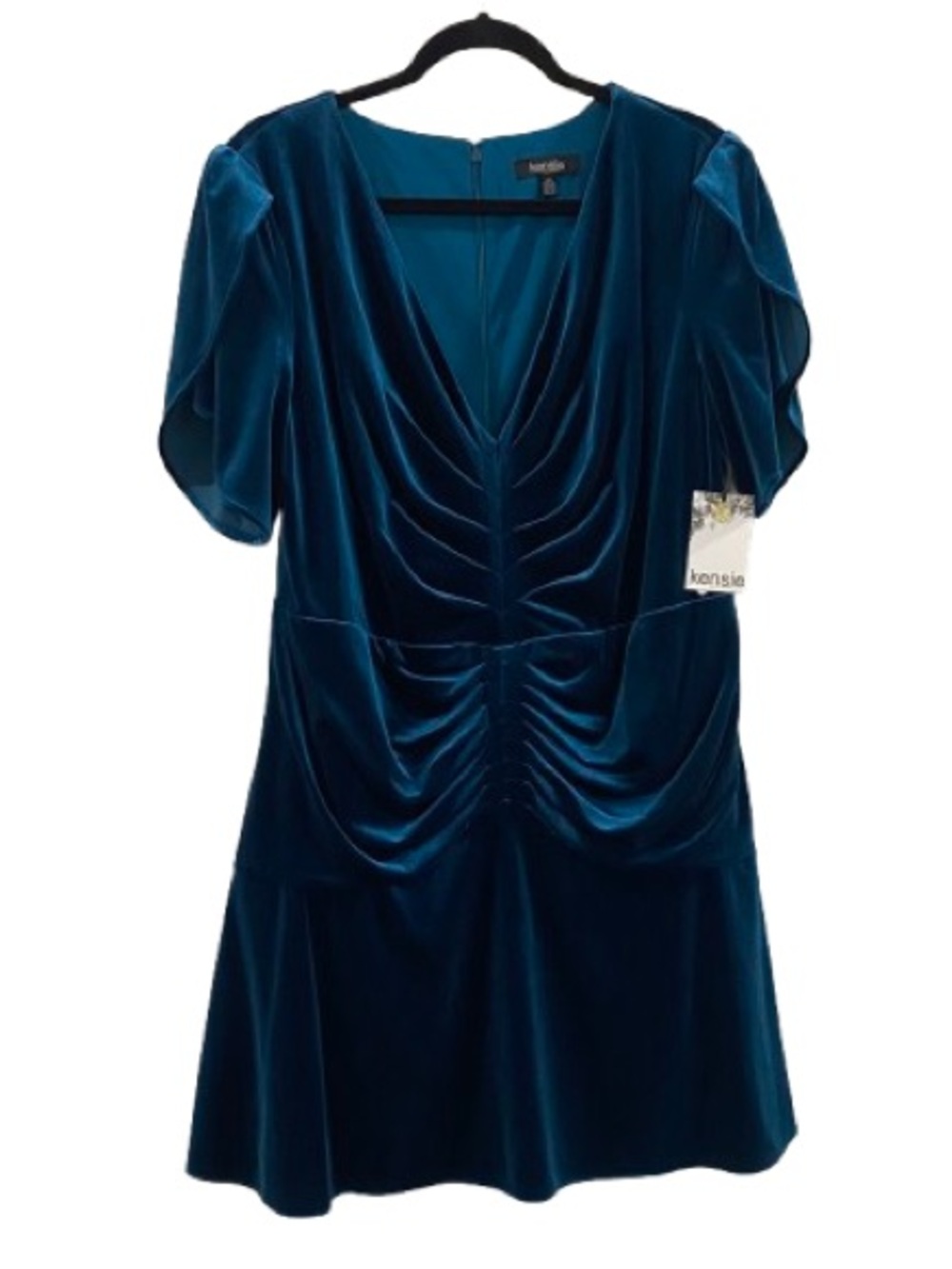 NWT Kensie Teal Blue Velvet Ruched Fit & Flare Dress Size 1X